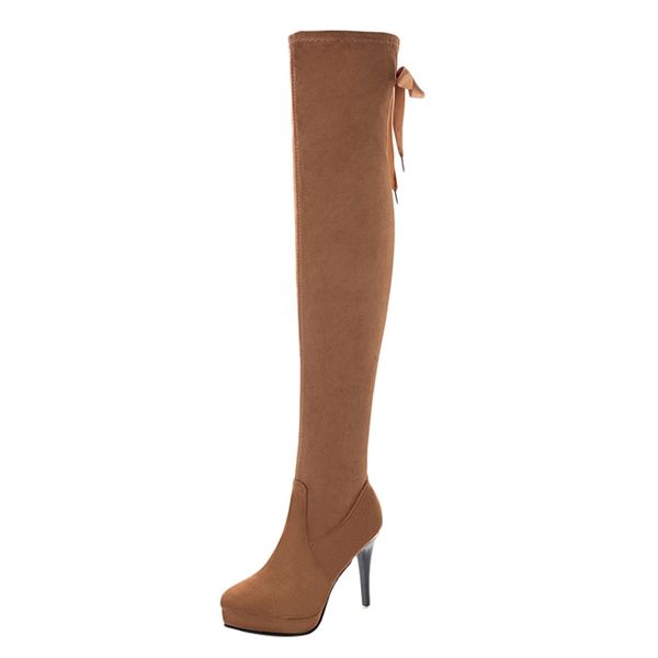 

over knee boots womens casual long tube booties solid high-heel women's winter boots zip flock shoes woman zapatos de mujer, Black