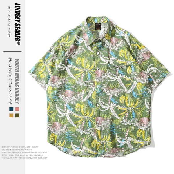 

lindsey seader turn-down collar hawaii style men shirts 2020 summer beach palm tree holiday full printing casual green shirt men, White;black