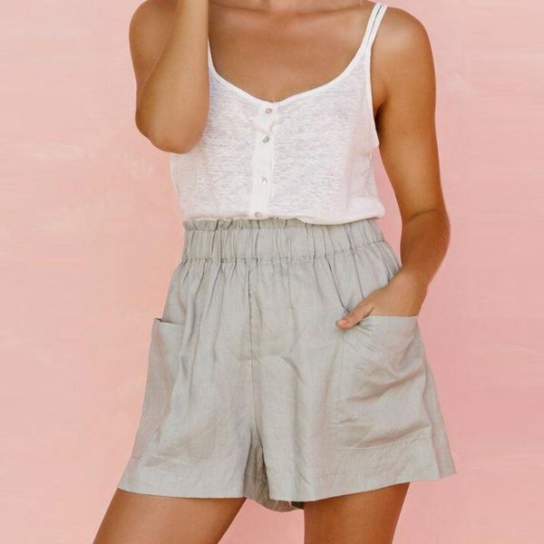 

summer women pure color elastic cotton linen loose short casual ladies high waist pocket outdoor home shorts plus size#p3, White;black