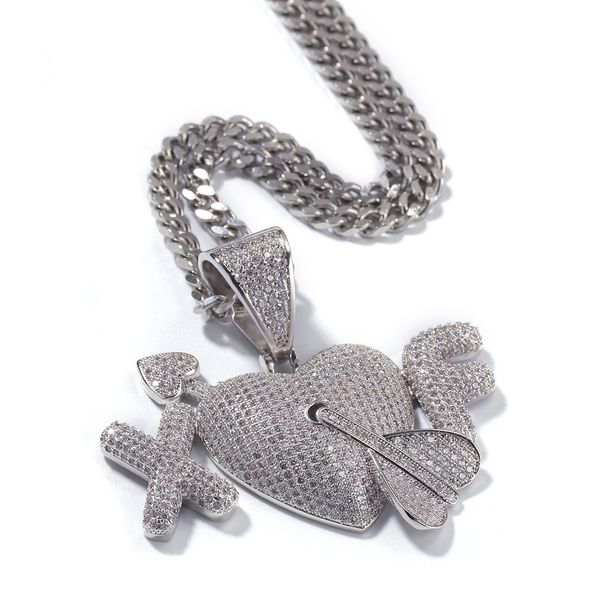 

2 письма сердце пользовательских lover пары подвеска ожерелье hip hop cz камень bling iced out мужчина хип-хоп рэппер серебряных украшений, Silver