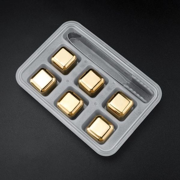 

6pcs set gold cube ice frozen mold set stainless steel ice metal model tongs coffee drink whisky bar ice wine stone creative supplies