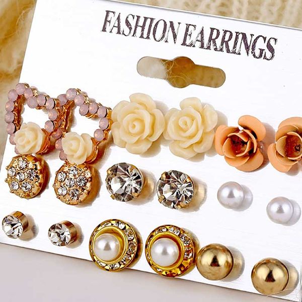 

vienkim 12/ 9 pairs/set women's pearl flower crystal studs earrings girls new elegant rose flower heart earring ear jewelry gift, Golden;silver