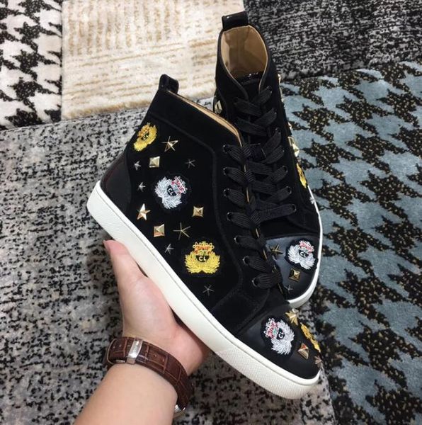 

2020 embroidery & star spikes red bottom casual shoes suede leather brand louisflats studs high sneakers party wedding, Black