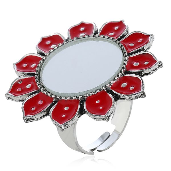 

luxury girl red green black enamel big flower ring with mirror women turkish tribal vintage silver finger ring jewelry for party, Slivery;golden