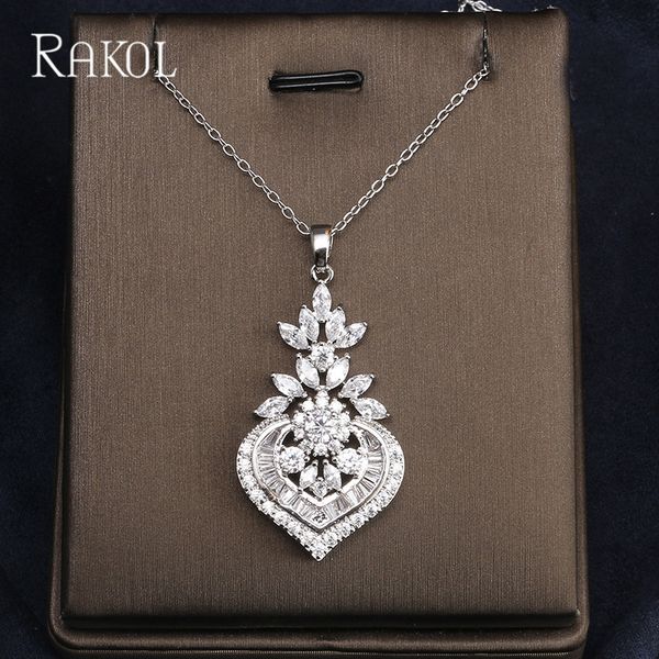 

rakol dubai gold necklace set heart flower cubic zirconia pendant necklace&chain for women vintage exquisite gift jewelry rn003k, Silver