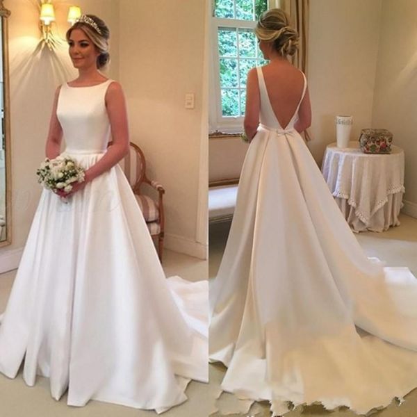 

2019 scoop neck a-line satin wedding dresses backless chapel train bridal wedding gowns robe de mariee
