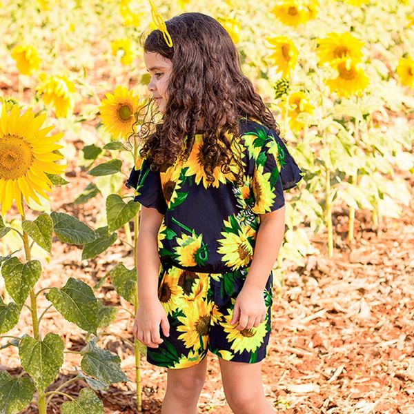 

girls fashion sunflower print romper children girl flying sleeve casual jumpsuits kids flower printed clothes rra561, Blue