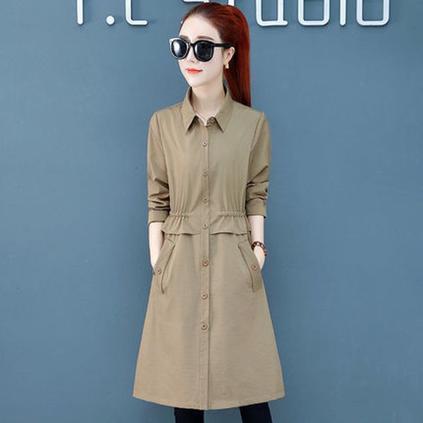 

2019 spring and autumn new fashion ladies wild self-cultivation long thin casual windbreaker, Tan;black