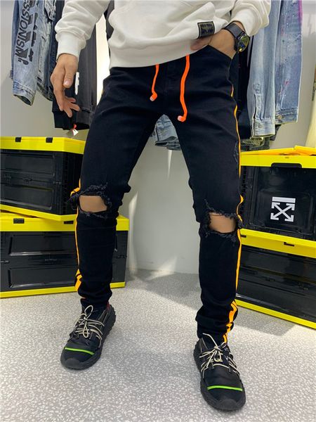 

2020 new leisure men's wear badge tears stretch black jeans fashion designer slim fit washed motorcycle jeans panel slim fit hip hop pa, Blue