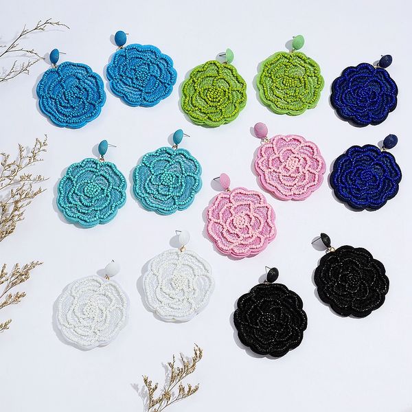 

14pair rose flower hand-woven small rice beads dangle stud earrings for women wild sweet accessories r-58, Silver