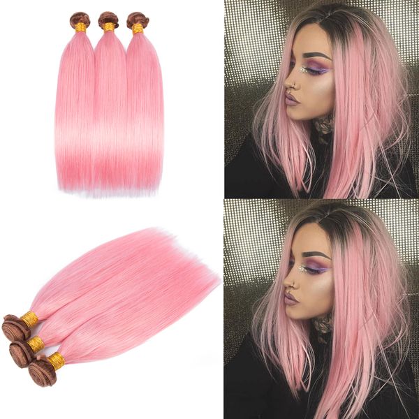 Two Color Dark Brown And Pink Human Hair Bundles Ombre Color Silky