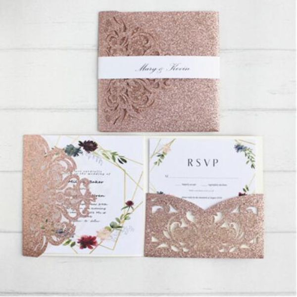 

luxury golden wedding invitation set with rsvp envelop belly band tri-fold pocket invites wedding decoration supply ship