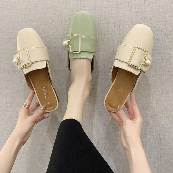 

loafers shoes slippers flat slides low slipers women square toe fashion soft 2020 cover pu rome rubber slippers casual, Black