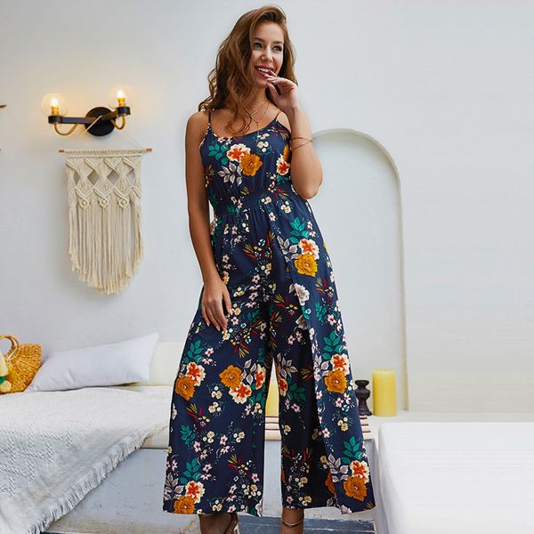 

womens jumpsuit summer fashion cocktail long floral print casual loose jumpsuit, Black;white