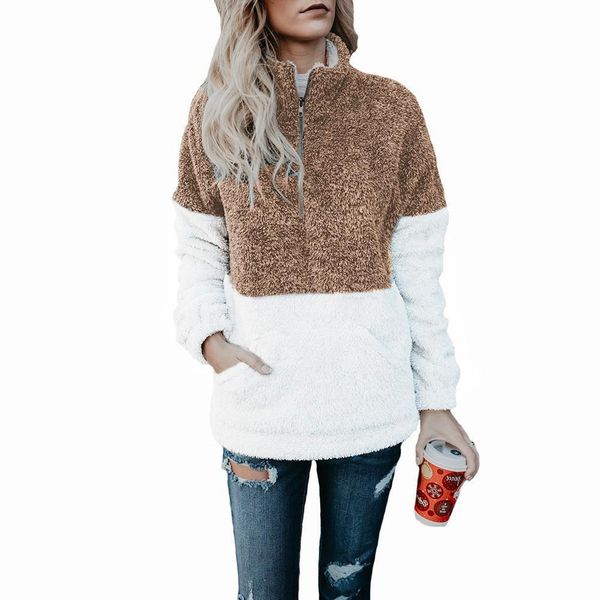 

women autumn winter fleece hoodies sweatshirt oversized v-neck zipper sweater long sleeve patchwork hoodies, Black