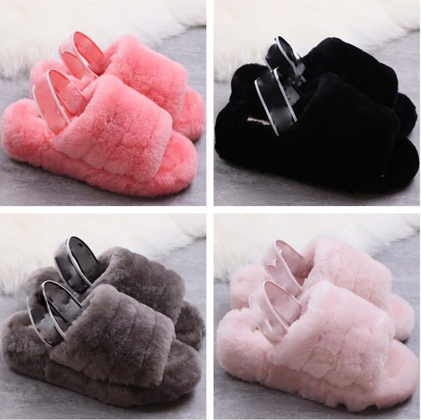 

2020 men women furry slippers australian leather fluff yeah mulitcolor slide designer casual fashion sandals fur slides slippers, Black