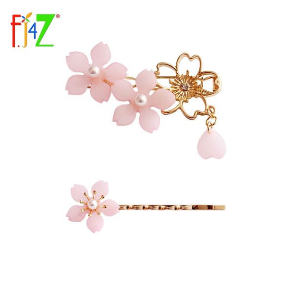 

f.j4z new sweet design sakura hair pins jewelry fashion beautiful girl's pink cherry blossom hair clips women accessories bijoux, Golden;white