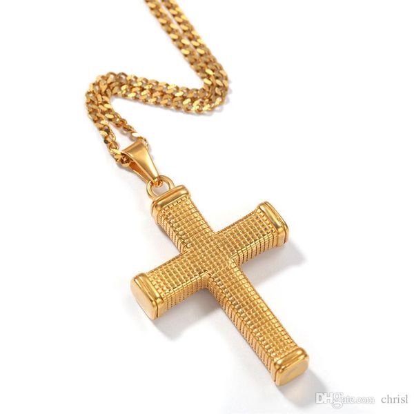 

18k gold plated stainless steel gold cross pendant necklace with 24inch rope chain choker for men women hip hop jewelry, Silver