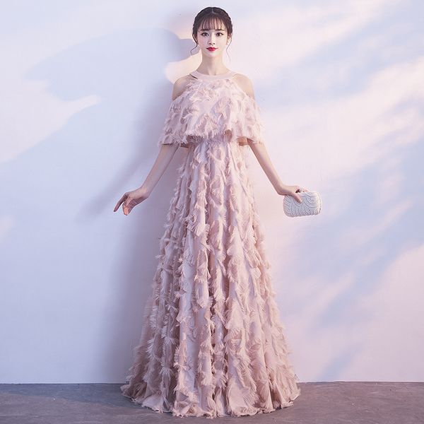 

round neck hanging neck evening dress 2019 new banquet noble and elegant long tassel annual meeting dress female size s-xxl, Red