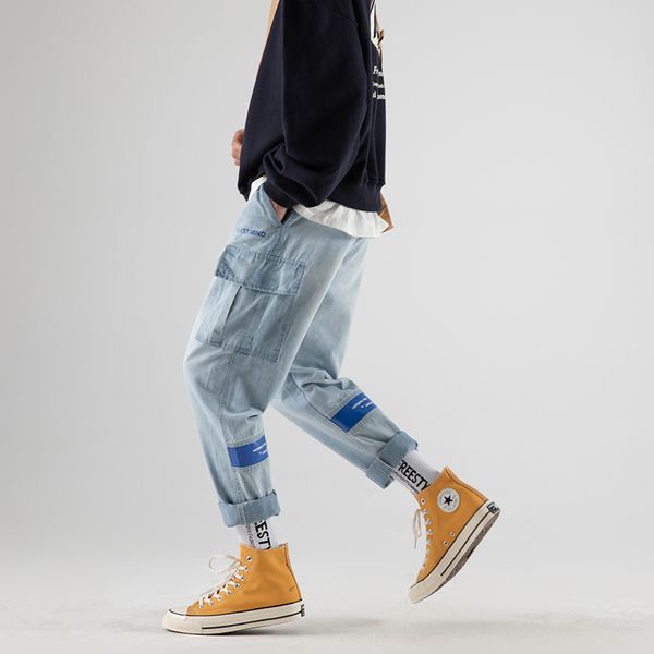 

2019 autumn new trend japanese youth comfort large size tooling loose leisure harlan nine points denim trousers, Blue