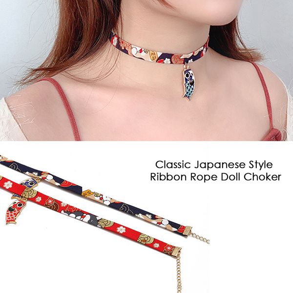 

classic japanese style ribbon rope doll choker cute girls bird cat carp pendant short necklace for exquisite ladies, Silver