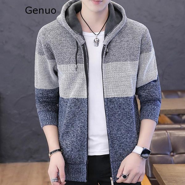 

genuo sweater coat men's sweater male jacket thick warm hooded sweaters knitwear striped warm sweatercoat cardigans men clothing, White;black