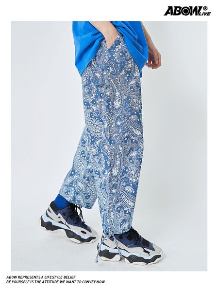 

19ss guochao street платья для отдыха с цветком кешью с принтом и широкими ногами, брюки с поясом, длинные брюки, мужские свободные синие ра, Blue