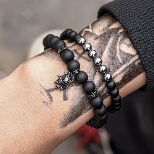 

2 pcs charm hand charm stone beaded bracelet men jewelry gift classic copper zircon yoga bracelet homme, Black
