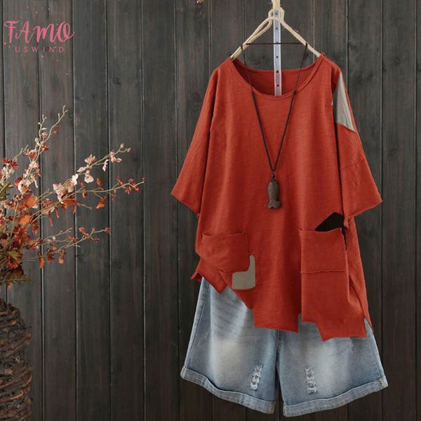 

2019 women summer vintage short sleeve blouse casual patchwork femininas blusas robe tee tunic loose shirt plus size, White