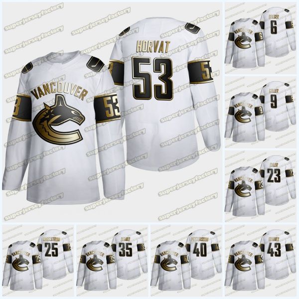 

53 bo horvat vancouver canucks 2020 white golden edition jersey quinn hughes brock boeser elias pettersson jacob markstro antoine roussel, Black;red