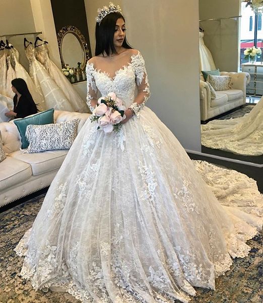 

amazing new puffy long sleeves ball gown wedding dresses 2020 sheer neck court train beaded lace bride dress plus size lace wedding gowns, White