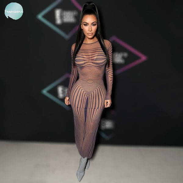 

ким кардашян платье извилистый с длинным рукавом полосой печати сексуальное платье sheer сетки с длинным рукавом назад щелевая maxi bodycon, Black;gray