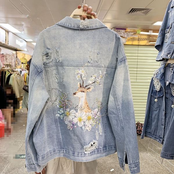 

sexemara fashion the new embroidery loose slim hole sequin beading denim jacket ing, Black;brown