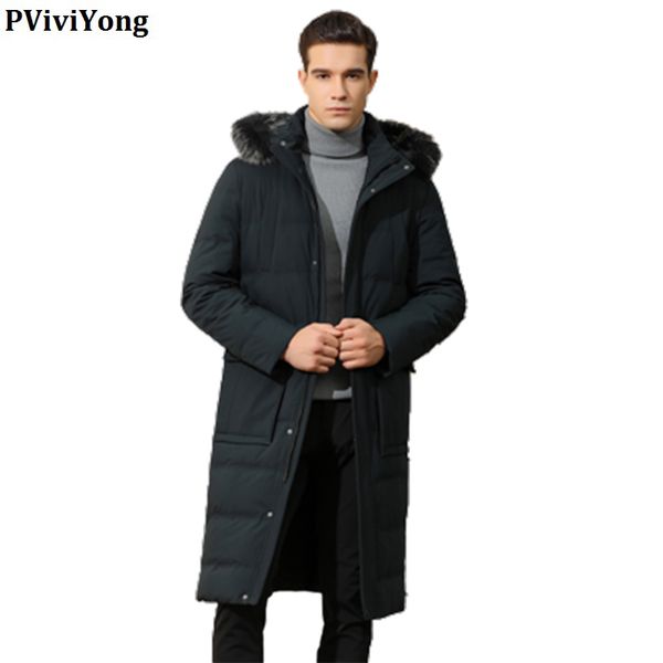 

pviviyong 2019 new fashion winter 90% white duck down jacket ,hooded fur collar slim long parka men coat yr9622, Black