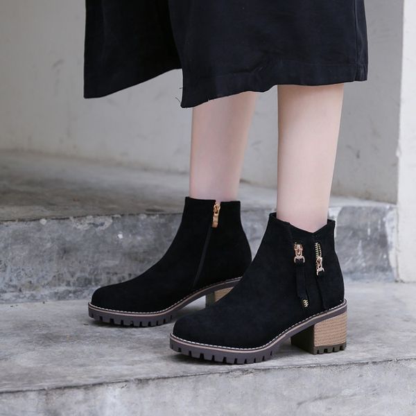 

big size 9 10 11 12 boots women shoes ankle boots for women ladies shoes woman winter side zipper round head thick heel, Black