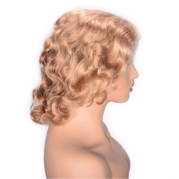 

монгольский человеческих волос curly кружева передние парики 27 # дешевые парики волос pre щипковых природные hairline 12inch короткие волос, Black;brown