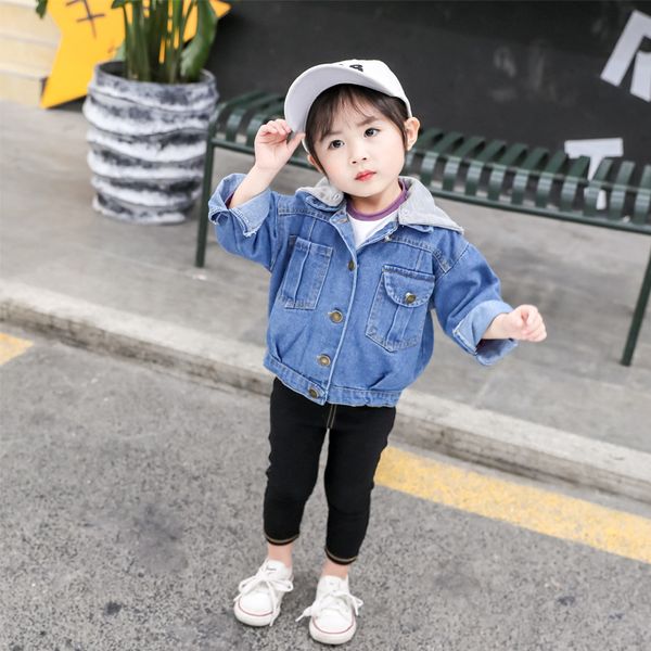 

patchwork hoodie denim jackets for girls autumn trench children's clothing 2-10y outerwear windbreaker baby kids jeans coats, Blue;gray