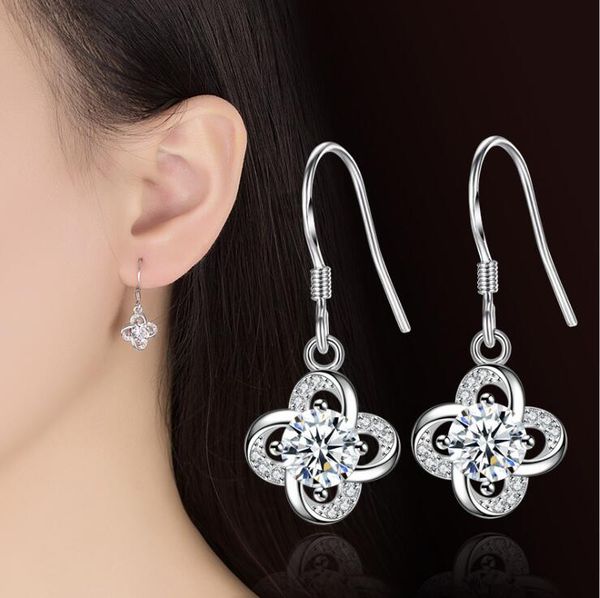 

maxi korean personality zircon super fairy delicate rhinestone four-leaf flower earrings, Silver