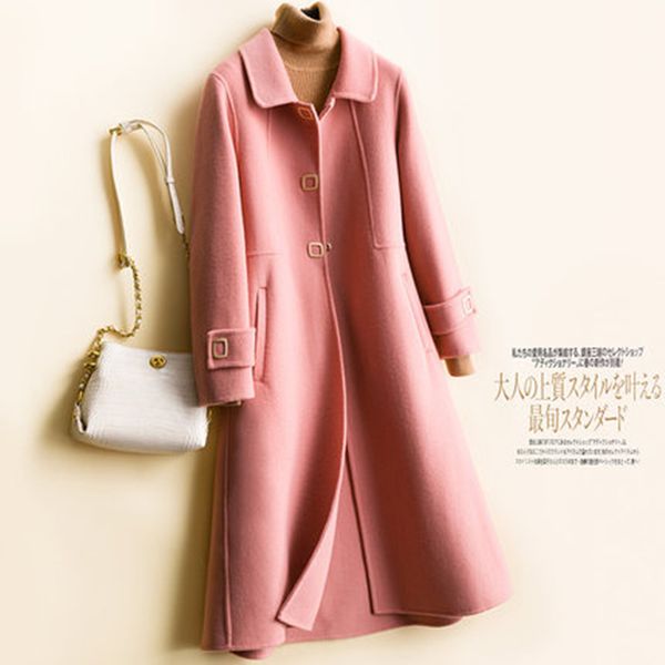 

new lapel handmade double-faced woolen coat ladies long-sleeved cardigan coat wool long section high-grade cashmere, Black