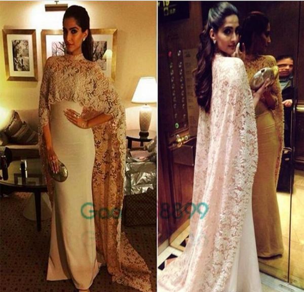 Sonam Kapoor dans Paolo Sebastian Col Haut Dubai Kaftan Nude Dentelle Cape Robe de Soirée Musulmane 2017 Islamique Arabe à manches longues de bal Robe Formelle