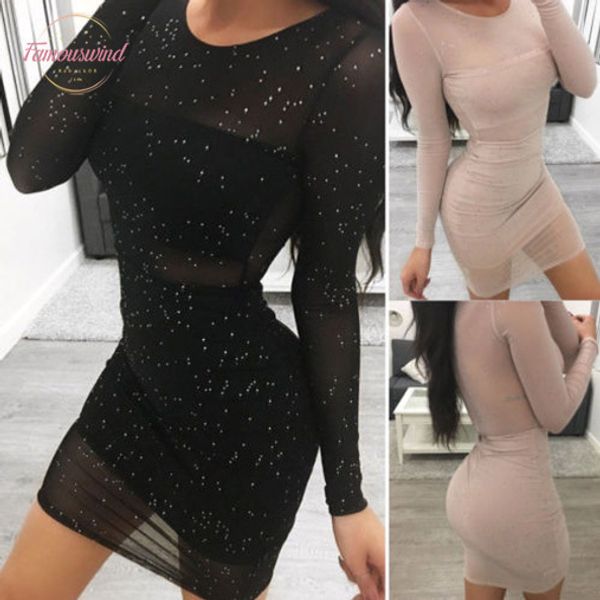 

мода сексуальные женщины с длинным рукавом сетки sheer bodycon блестящий карандаш с длинным рукавом основные марлевые мини-платье очаровател, Black;gray