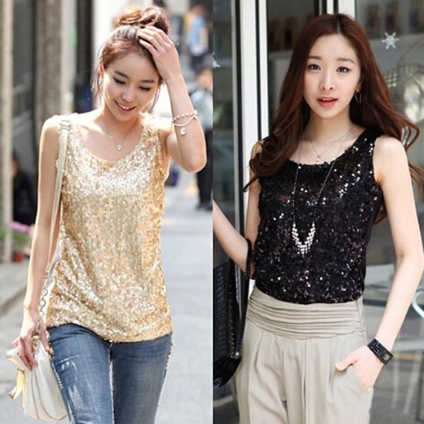 

fashion plus size sleeveless tank sequined vest women o neck tank tanks solid color silver gold camis, White