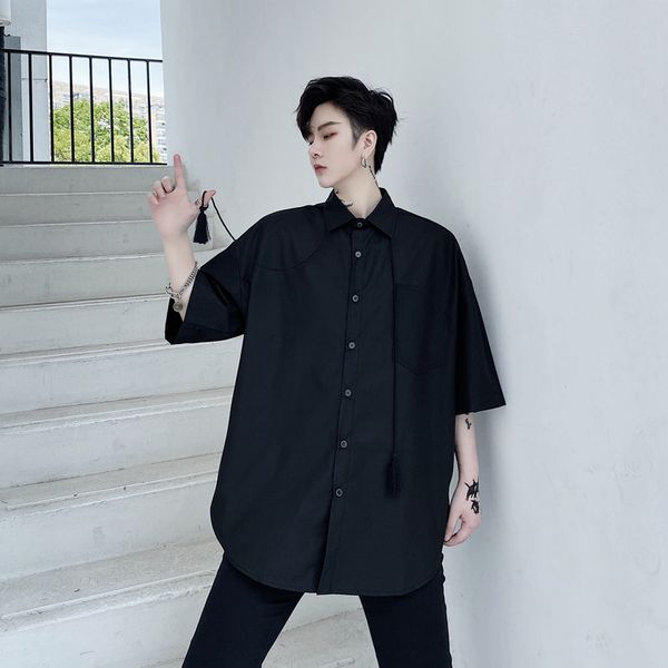 

male japan harajuku streetwear black white shirt men summer loose short sleeve casual tassel shirt, White;black