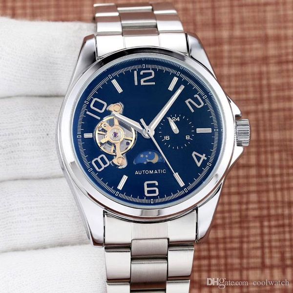 

brand men watch luxury sub-dial works moon phase flywheel mechanical automatic waterproof male wirst watches for men's valentine gift, Slivery;brown