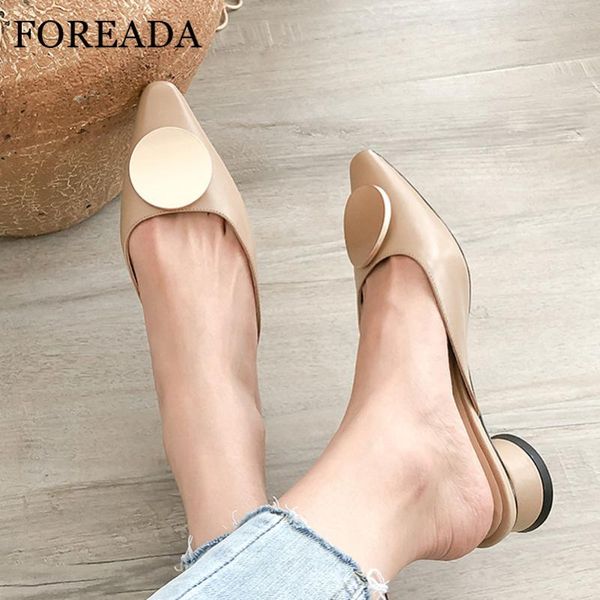 

foreada women pumps real leather mules shoes block med heel shoes metal decoration pointed toe ladies footwear beige size 33-40, Black