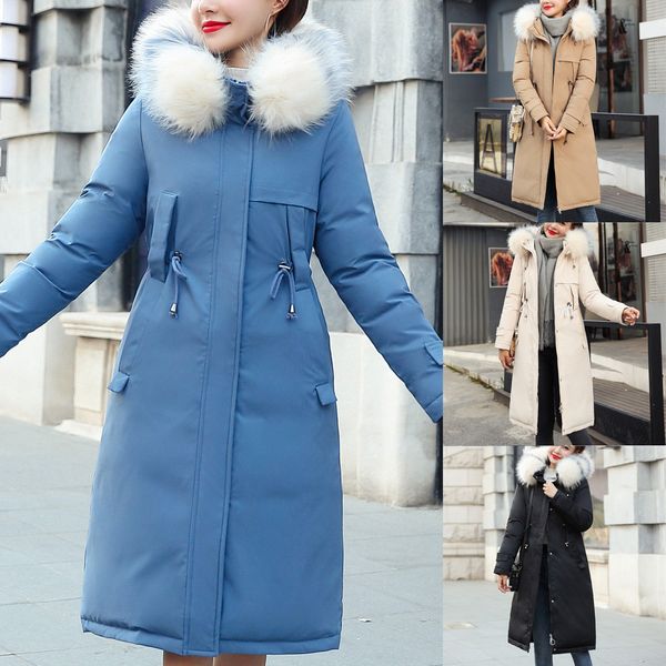 

2019 new jacket women fashion winter warm outerwear fur hooded button coat long jackets pocket parka plus size coat f1, Black