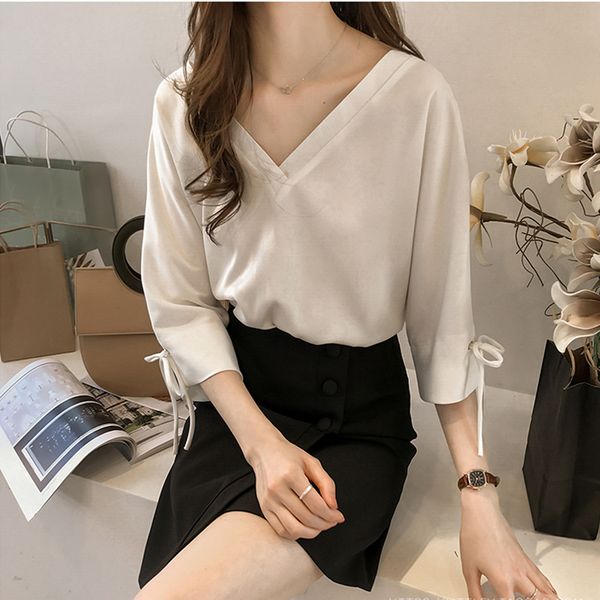 

new summer women chiffon blouses new 3/4 sleeve v-neck elegant loose ladies office shirts plus size -4xl blusas mujer, White