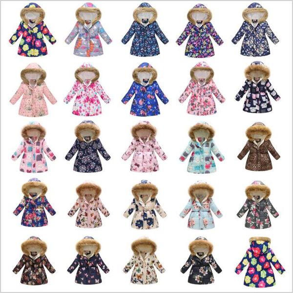 

girls plus velvet warm down jackets cotton jacket kids printed thick outerwear children clothing autumn winter girls hooded coat, Blue;gray