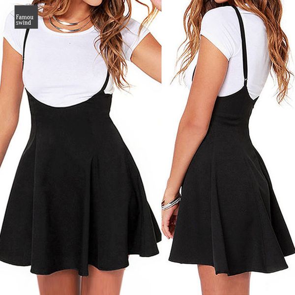 

мода лето женщины юбка женская suspender опрятный стиль высокой талией pure color stretch flared skater качели короткие мини-юбки, Black