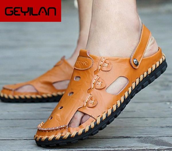 

mens sandals outdoor genuine leather sandals erkek sandalet men summer casual slippers breathable sandalias hombre, Black